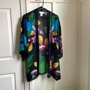 Black flower print sheer cardigan by Draper & Damon. One size fits all.